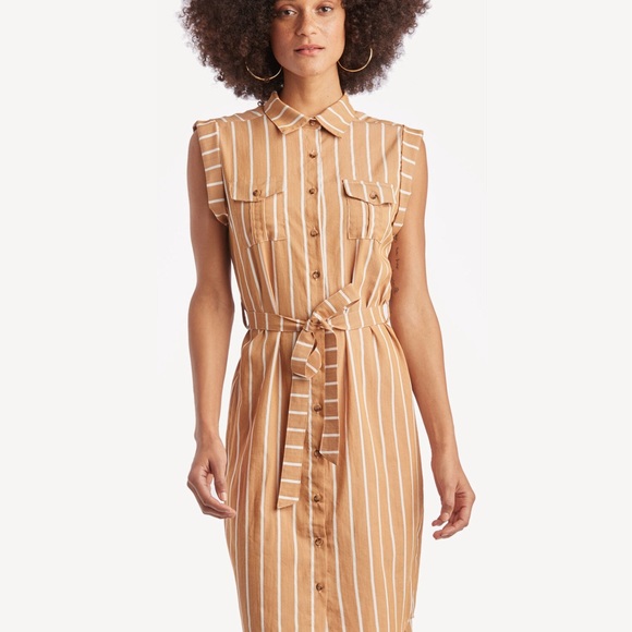 BISHOP + YOUNG STRIPED BUTTON-FRONT DRESS IN RUST BROWN size M - Picture 1 of 3